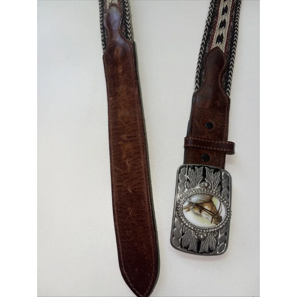 Genuine Hand-Braided Horsehair Western Leather Belt Engraved Horse Buckle Silver